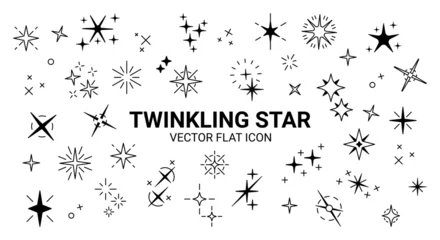 Foto auf Leinwand Glitter icons. Twinkle festive stars, shiny magic texture and elements, pictographs of spark, glowing shapes. Geometric particles and firework, vector holiday background isolated elements © SpicyTruffel