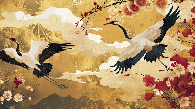 Luxury gold oriental style background. Chinese and Japanese wallpaper pattern design of elegant crane birds, cloud with watercolor texture. Design illustration for decoration, wall decor.
