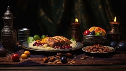Hearty meal of rice and chicken served on a decorated plate, candlelight in the background.