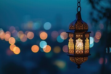 Hanging lantern with night sky and bokeh lights in background for Muslim festival of holy month of Ramadan Kareem.