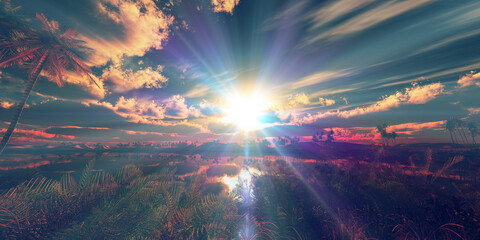 oasis sunset landscape background illustration