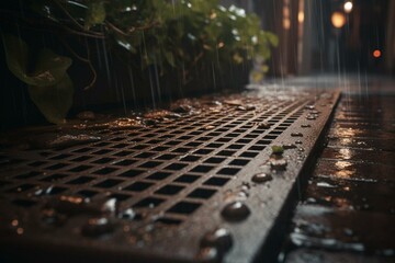 Metal grating, gutters, and paving installed for rainwater drainage with selective focus. Generative AI - obrazy, fototapety, plakaty