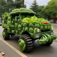 Crazy vegetable car concept on road.