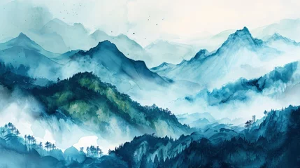 Cercles muraux Bleu Jeans A watercolor landscape of serene mountains, inspired by the Chinese style of classical traditional ink painting.