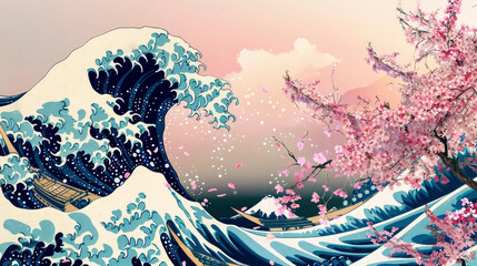 Abstract Hokusai style background. Waves, sea, pink sakura trees. - obrazy, fototapety, plakaty