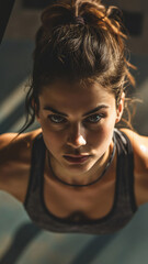 A portrait of a woman in the gym, a female bodybuilder looking at camera, close up of a girl doing squats from top view, natural and neutral face wearing a top, AI Generated.