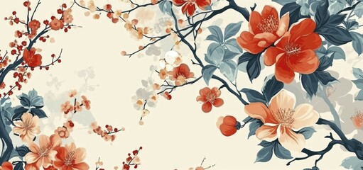 Asian background, Oriental Japanese and Chinese style abstract pattern background design with botanical flowers decorate in watercolor