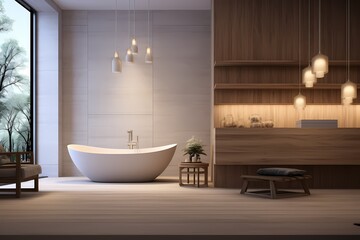 Fototapeta na wymiar Inviting modern classic minimalist bathroom with a freestanding tub, natural materials, and soft, diffused lighting