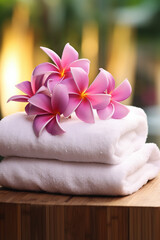 Obraz na płótnie Canvas Towel and plumeria flowers concept of spa, massage