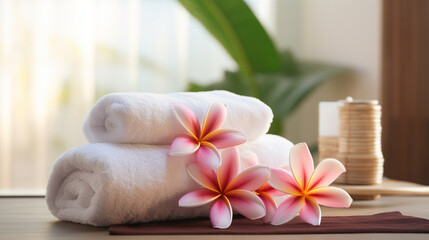 Fototapeta na wymiar Towel and plumeria flowers concept of spa, massage