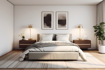 Inviting modern classic minimalist bedroom with plush bedding, warm textures, and a carefully curated selection of decor