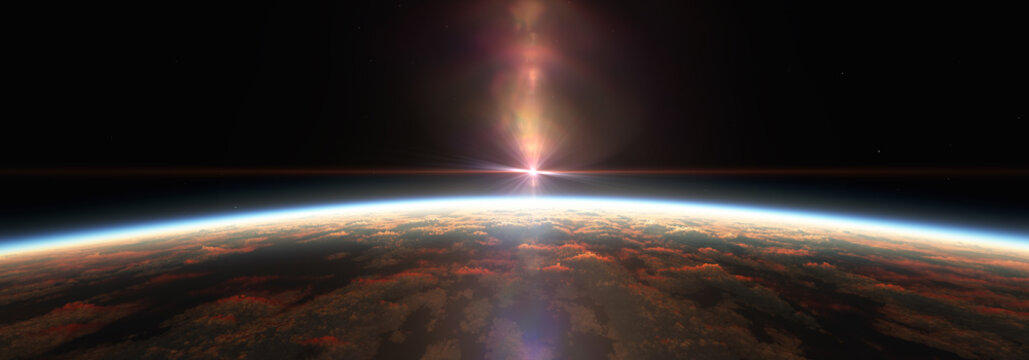 Earth sunrise from space over cloudy ocean. 3d rendering