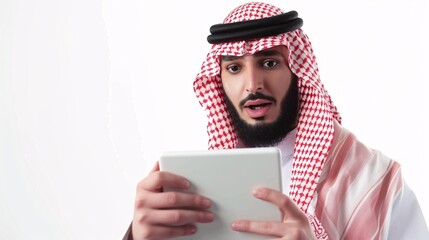 A Saudi figure using a tablet while seated in the workplace against a blank backdrop.
