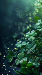 A green template background for saint patrick's day, patrick holiday event celebration festival banner with four leaf clover shamrock plants and leaves, for post and story mockup, ai generated.