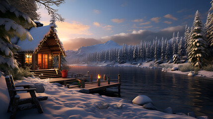 an attractive winter cabin by the lake