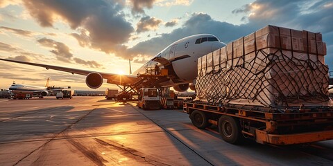 Air freight containers are being loaded onto a plane for air shipment on a modern cargo jet at the...