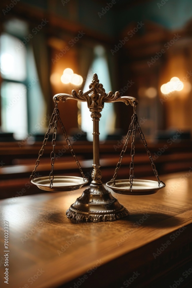 Poster a wooden table with a metal scale placed on top. suitable for various uses