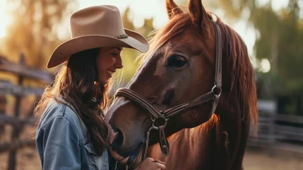 Foto op Canvas A woman wearing a cowboy hat stands confidently next to a majestic horse. This image can be used to depict the beauty of the countryside and the bond between humans and animals © Fotograf