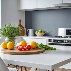 kitchen table for demonstrating products with modern kitchen interior, concept of cooking food from natural products, kitchen panorama,