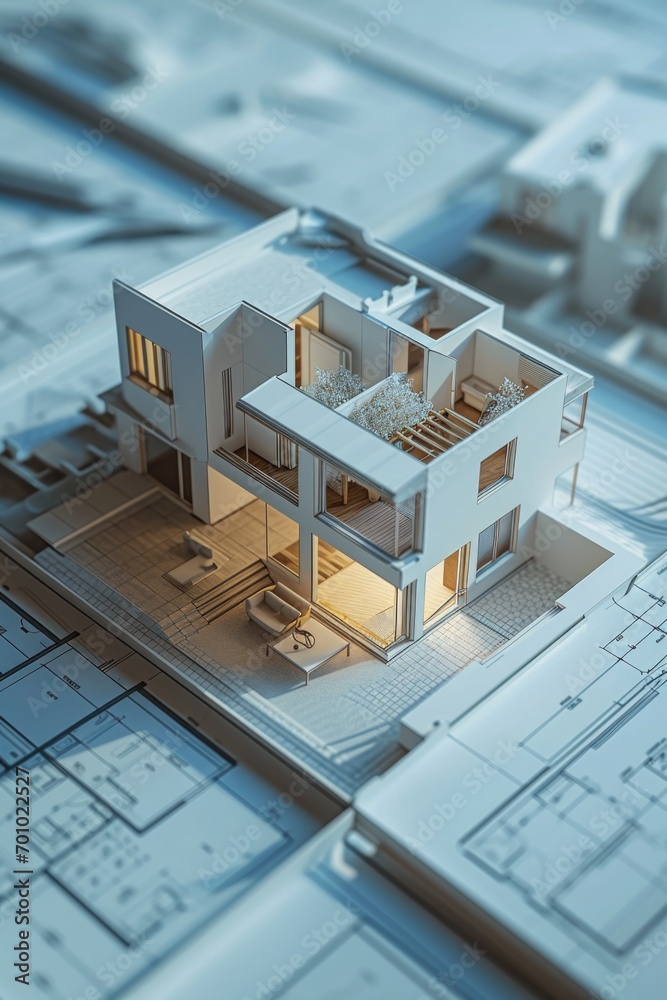 Poster A house model is placed on top of a blueprint, representing the process of designing and constructing a new home.