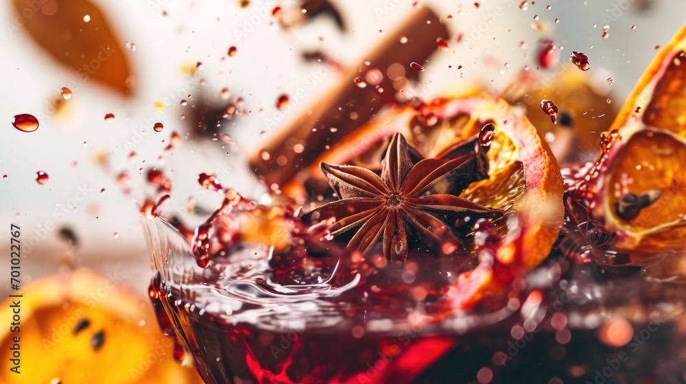Poster a close up view of a glass of wine with an orange slice and star anise. perfect for beverage and coc