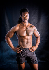 Fototapeta na wymiar African American bodybuilder man, naked muscular torso