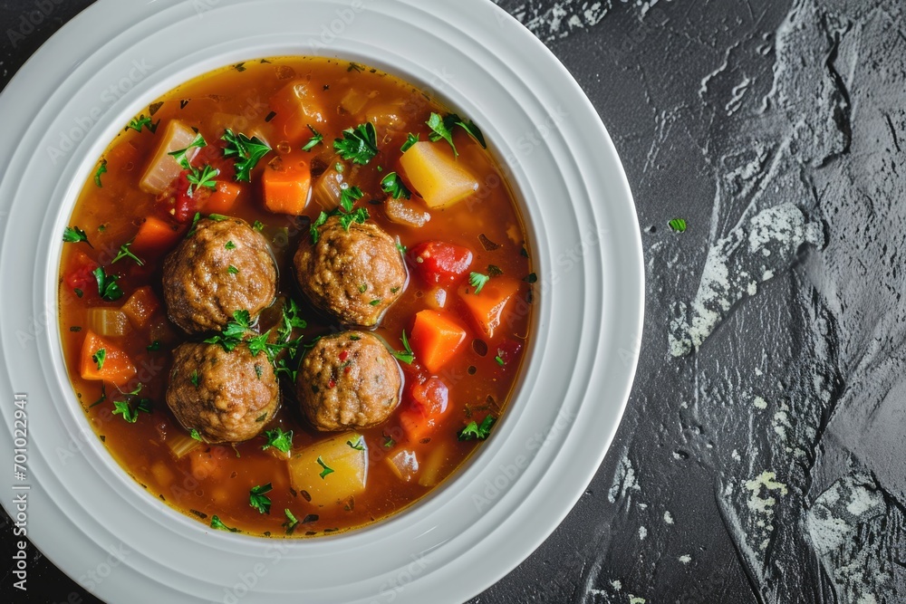 Canvas Prints A delicious bowl of soup filled with savory meatballs and fresh vegetables. Perfect for a comforting meal. Ideal for food and recipe websites, cookbooks, and restaurant menus