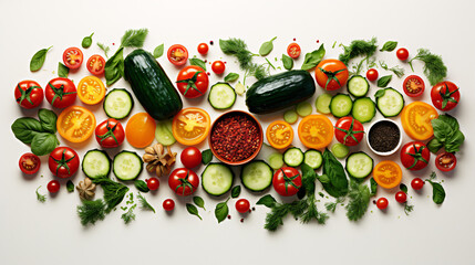 A creative collage of tomato, onion, cucumber, and basil leaves, viewed from above, on a white...