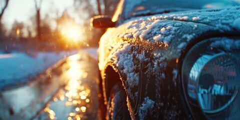 A close-up view of a car covered in snow. This image can be used to depict winter weather conditions and the challenges of driving in snowy conditions