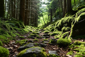 Mossy rocks in the woods.