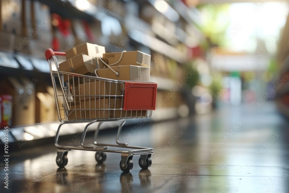 Poster a shopping cart filled with boxes in a store. this image can be used to represent shopping, retail, 