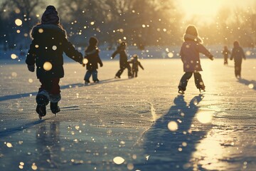 Obraz premium A group of people enjoying ice skating on a frozen lake. This picture can be used to depict winter activities and outdoor fun