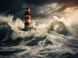 Lighthouses withstand fierce ocean gales, stoic sentinels guiding ships through turbulent, dark, stormy seas.