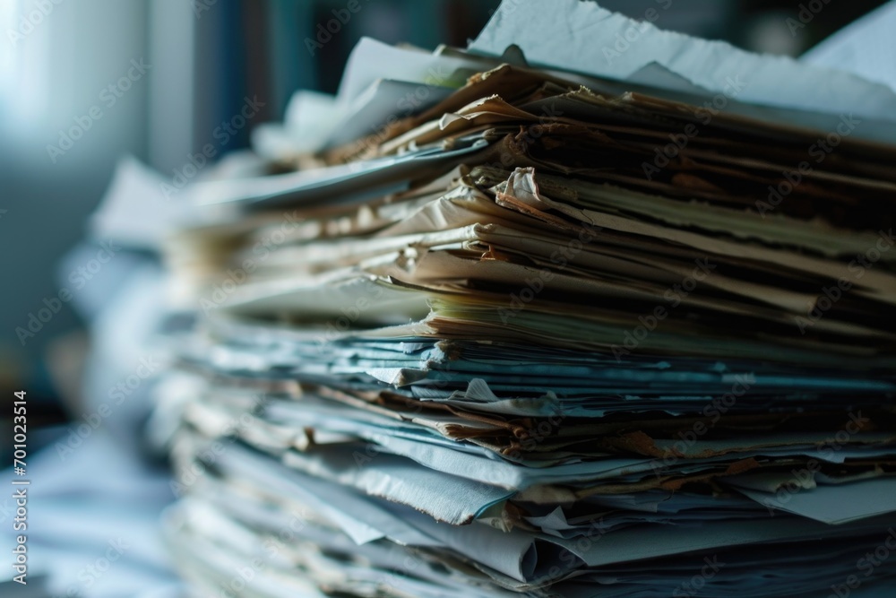 Aufkleber A stack of papers placed neatly on top of a table. This image can be used to represent organization, paperwork, office work, or administrative tasks