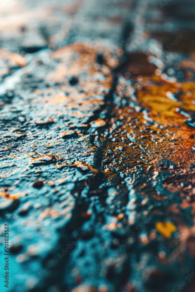 Poster a close-up view of a wet surface on a street. this image can be used to depict rainy weather or to s