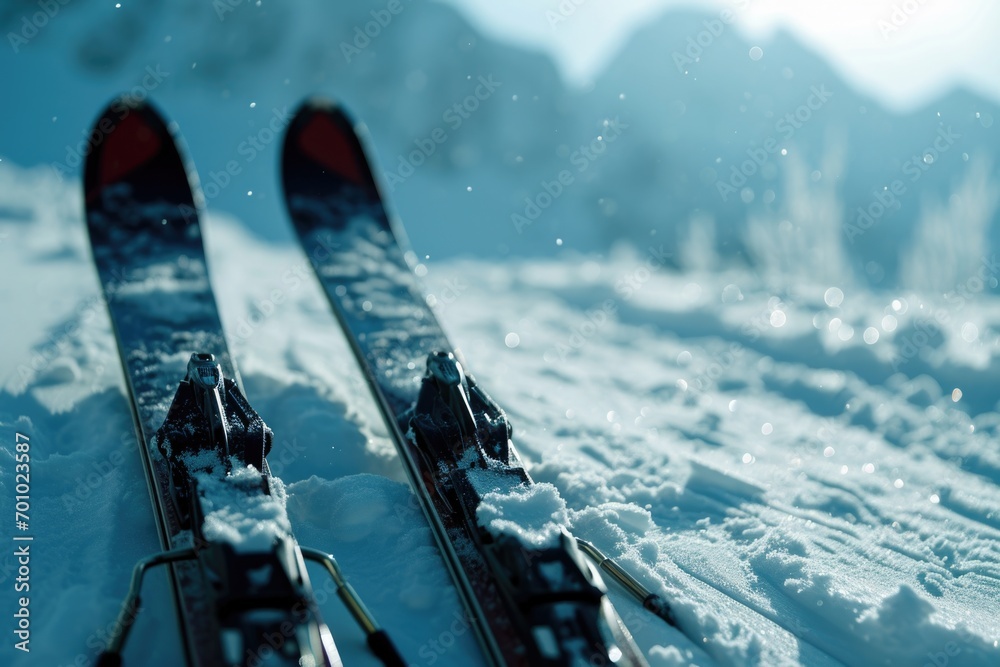 Poster A pair of skis resting on top of a snow-covered slope. Perfect for winter sports enthusiasts or travel agencies promoting ski resorts