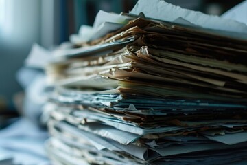 A stack of papers placed neatly on top of a table. This image can be used to represent organization, paperwork, office work, or administrative tasks - obrazy, fototapety, plakaty