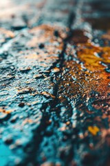 Obraz premium A close-up view of a wet surface on a street. This image can be used to depict rainy weather or to symbolize the concept of urban life
