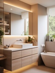 Fototapeta na wymiar Bright washroom with vanity, basin, and reflection.