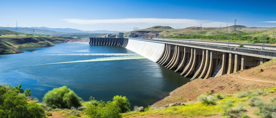 Hydroelectric dam amidst nature, harnessing water power for clean, sustainable, renewable energy generation.