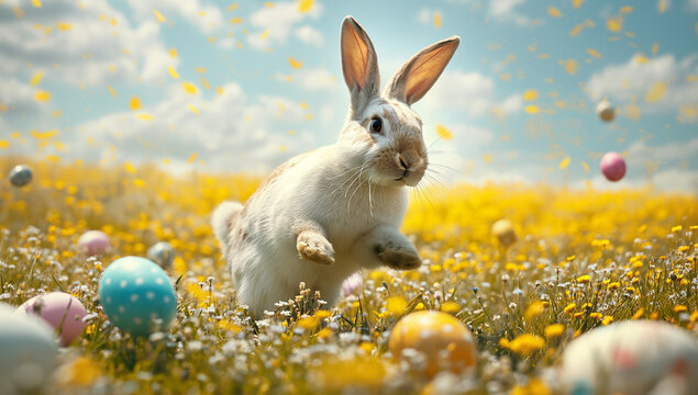 Easter Bunny Hopping Joyfully in Green Grass Field Surrounded by Colorful Easter Eggs, Springtime Festivity, Cute Rabbit, Easter Egg Hunt, Holiday Celebration