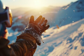 A person wearing gloves and a snowboard in the snow. Perfect for winter sports enthusiasts and...
