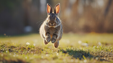 Easter Bunny in Action: Adorable Rabbit Hopping Joyfully Across Lush Green Grass Field, Celebrating Springtime and Easter Festivities