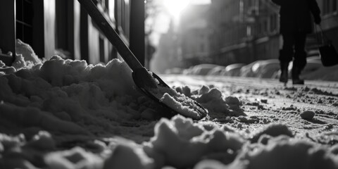 A black and white photo of a shovel in the snow. Suitable for winter themes and snowy landscapes