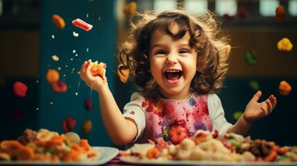 a happy baby is sitting in a high chair and eating delicious food - obrazy, fototapety, plakaty