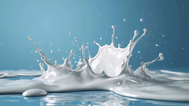Authentic milk splattering in milk pond on a solitary blue backdrop.