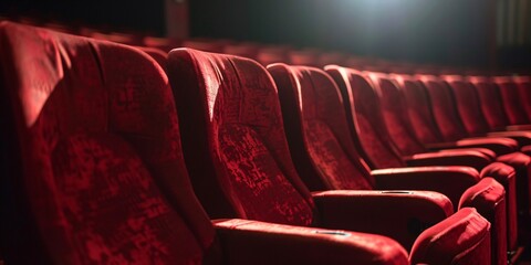 Theater seats illuminated by stage lighting in a cinema.