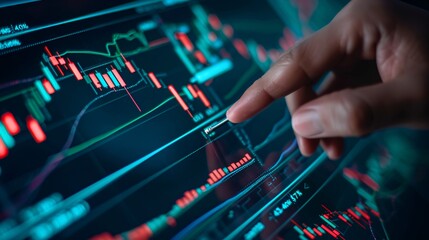 Interactive display of stock market performance with fluctuating prices, candlestick chart, and moving averages, resulting in rising gains, Forex, and virtual touch screen interaction.
