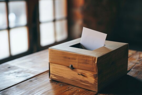 A wooden box containing a piece of paper. Suitable for various uses