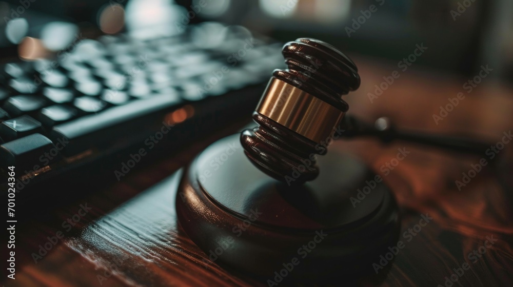 Poster A wooden gavel sits on top of a desk next to a keyboard. This image can be used to represent concepts such as law, justice, or decision-making